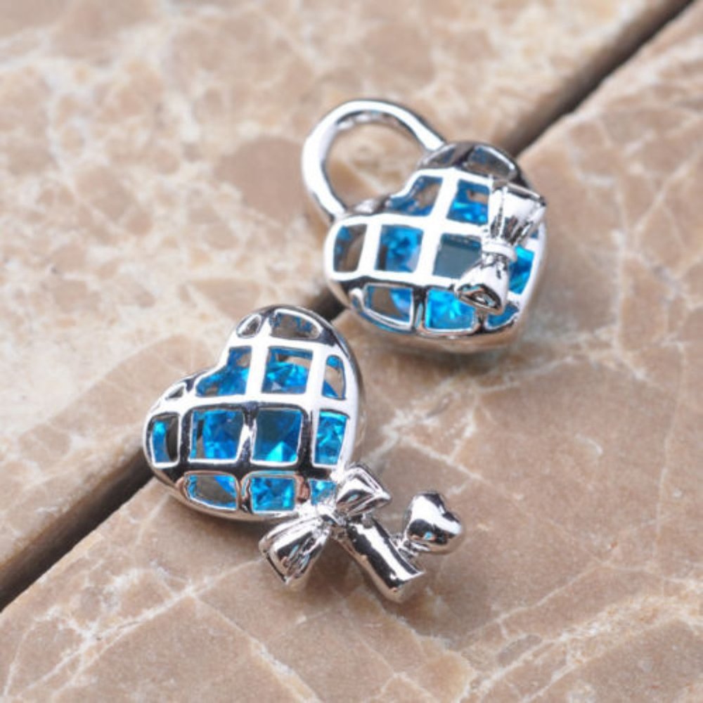 New  Blue Topaz Lock & Key Stud Earrings